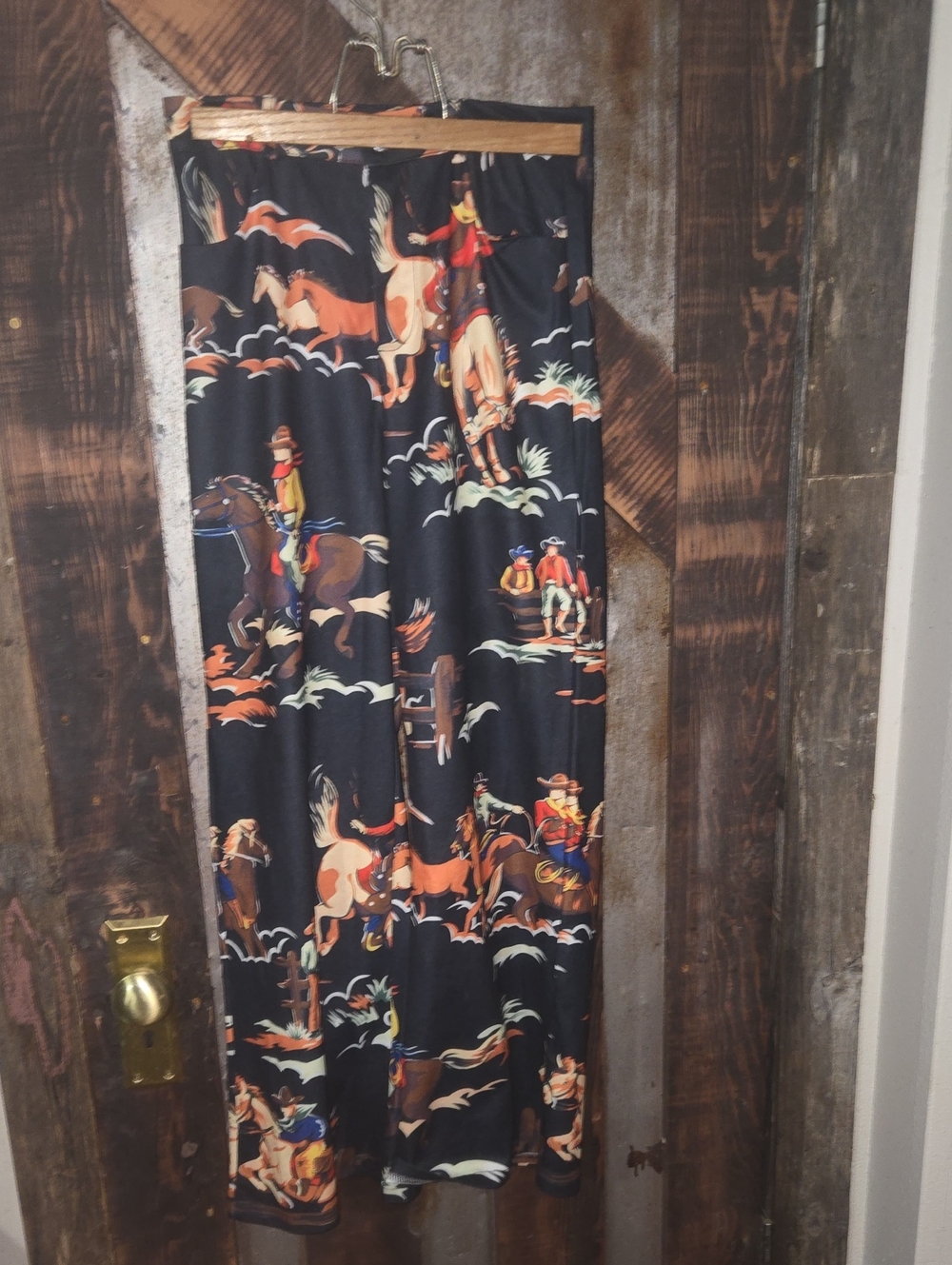 Black Western-Print Wide Leg Pants